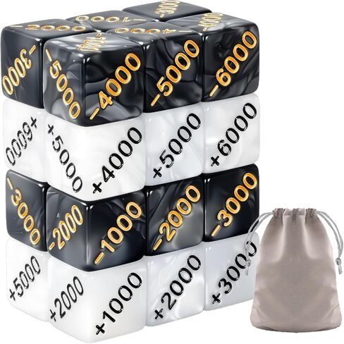 24 PCS Power Counter Dice Set, 12 Positive (+1000 to +6000) & 12 Negative (-1000 to -6000) Premium Marble Texture Dice, Compatible with One Piece TCG and Card Games (24, Black,White) in Kuwait