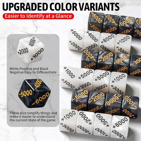 24 PCS Power Counter Dice Set, 12 Positive (+1000 to +6000) & 12 Negative (-1000 to -6000) Premium Marble Texture Dice, Compatible with One Piece TCG and Card Games (24, Black,White) in Kuwait