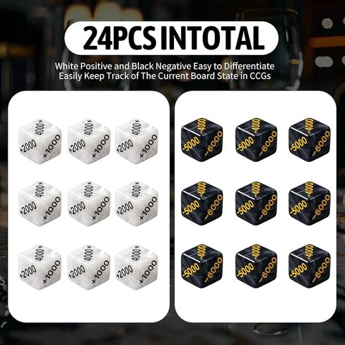 24 PCS Power Counter Dice Set, 12 Positive (+1000 to +6000) & 12 Negative (-1000 to -6000) Premium Marble Texture Dice, Compatible with One Piece TCG and Card Games (24, Black,White) in Kuwait