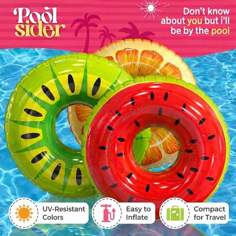 Inflatable Pool Floats (3 Pack) | Large Fruit Pool Floaties (32" Diameter) | 3 Pack Pool Tube Includes Orange, Watermelon & Kiwi - Pool Tubes for Kids | Inflatable Pool Toys by Poolsider in Kuwait