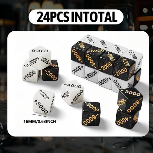 24 PCS Power Counter Dice Set, 12 Positive (+1000 to +6000) & 12 Negative (-1000 to -6000) Premium Marble Texture Dice, Compatible with One Piece TCG and Card Games (24, Black,White) in Kuwait