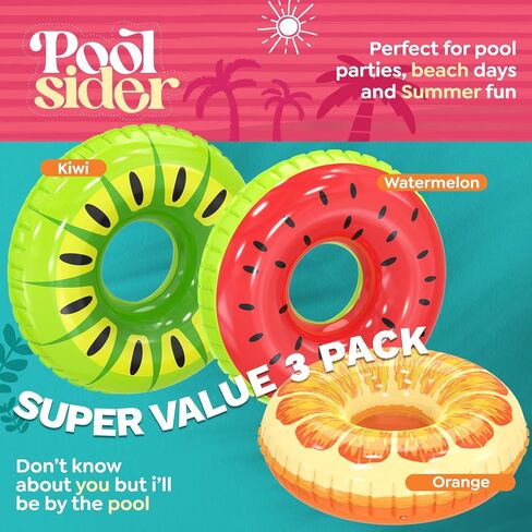 Inflatable Pool Floats (3 Pack) | Large Fruit Pool Floaties (32" Diameter) | 3 Pack Pool Tube Includes Orange, Watermelon & Kiwi - Pool Tubes for Kids | Inflatable Pool Toys by Poolsider in Kuwait