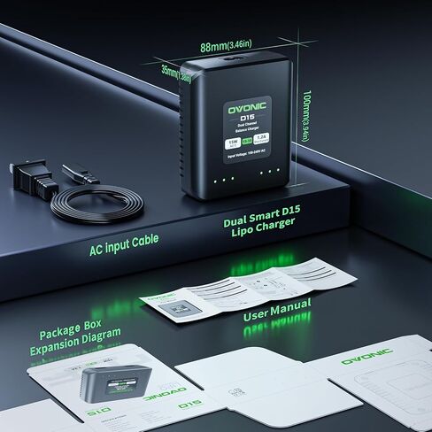 شاحن بطارية ليبو مزدوج من OVONIC D15 تيار متردد 15 وات 1.2 أمبير لبطاريات ليبو 1S-3S، شاحن توازن بطارية RC للسيارات والقوارب والطائرات بدون طيار in Kuwait