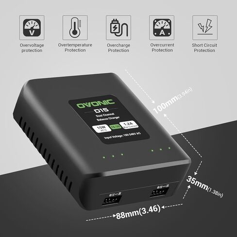 شاحن بطارية ليبو مزدوج من OVONIC D15 تيار متردد 15 وات 1.2 أمبير لبطاريات ليبو 1S-3S، شاحن توازن بطارية RC للسيارات والقوارب والطائرات بدون طيار in Kuwait