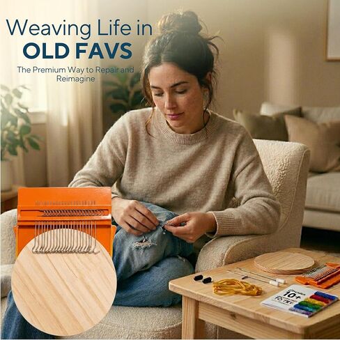 Funlaya Darning Loom 21 خطافًا Speedweve Mending Loom Kit لإصلاح مرئي 2 إبر و10+ دليل أنماط - نول رقعة صغير لإصلاح جوارب الجينز، أداة صغيرة لخياطة النسيج السريع in Kuwait