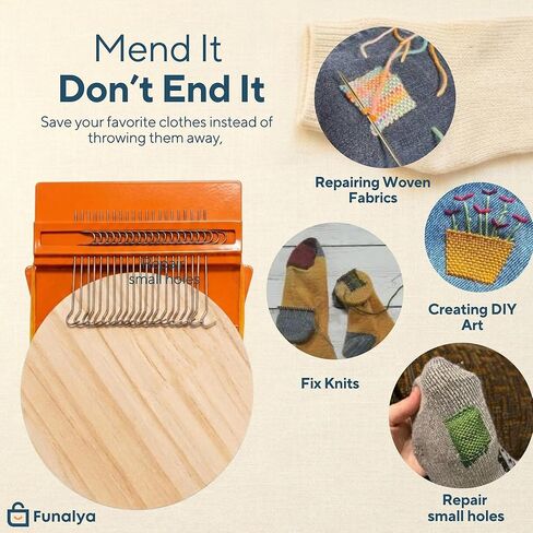 Funlaya Darning Loom 21 خطافًا Speedweve Mending Loom Kit لإصلاح مرئي 2 إبر و10+ دليل أنماط - نول رقعة صغير لإصلاح جوارب الجينز، أداة صغيرة لخياطة النسيج السريع in Kuwait