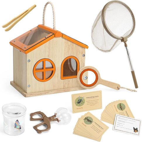 SainSmart Jr. Bug Catcher for Kids - Wooden Bug Habitat with Magnified Viewer, Butterfly Net, Observation Box, Tweezers & 15 Cards, Outdoor Toys & STEM Toys for Boys & Girls Ages 3+, Green in Saudi Arabia