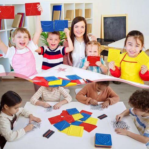 Kathfly 16 Pcs Teach Me Shapes Rubbing Plates Kit 4 x 5 Inch Assorted Texture Rubbing Plates Shapes Learning Tools for Developmental Learning Birthday Gifts in Kuwait