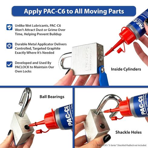 زيت تشحيم قفل الجرافيت الجاف PAC-C6 من باكلوك، تشحيم Keyway دقيق للأقفال والأسطوانات، لن يجذب الأوساخ، تشغيل سلس، طرف سهل الاستخدام، نفخة واحدة لأداء سلس، مثل الجديد in Kuwait
