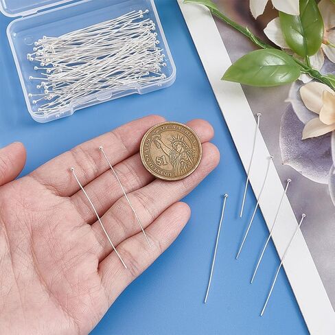 Beebeecraft 100 قطعة 50 مم دبابيس رأس كروية مطلية بالفضة الإسترلينية مستقيمة قابلة للانحناء للعين دبابيس خرز لصنع المجوهرات الساحرة والخرز والقرط والسوار والقلادة والإكسسوارات اليدوية اليدوية، دبوس 0.6 مم in Kuwait