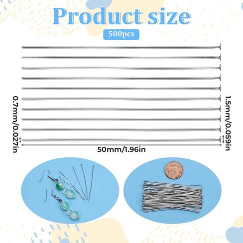 500 PCS Flat Head Pins for Jewelry Making, Straight Pins Stainless Steel 2 Inch Jewelry Making Pin Silver Flat Headpins Jewelrys Findings Eye Pin for DIY Craft Earring Bracelet Necklace Pendant in Kuwait