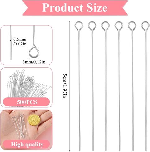 500 Pcs Eyepins for Jewelry Making,50 mm Length Silver Jewelry Eye Pins, Bulk Stainless Steel Eye Pins for Crafts, DIY Bracelets, Earrings and Beading Projects in Kuwait