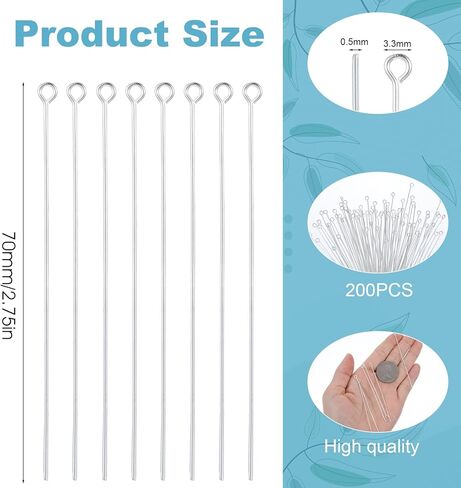 Ymapinc 200Pcs Eyepins for Jewelry Making 70mm/2.76In, Silver Open Eye Pins, Stainless Steel Head Pins Flat Eye Pin for DIY Crafts Earring Bracelet Necklace Pendant Jewelry Making Supplies in Kuwait