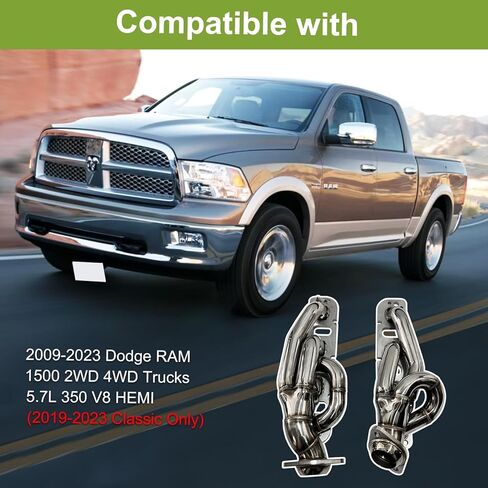 رؤوس العادم لـ 2009-2023 دودج رام 1500 5.7L HEMI 2WD 4WD رؤوس قصيرة مصقولة 304 رأس من الفولاذ المقاوم للصدأ يناسب 2019-2023 Ram 1500 Classic فقط in Kuwait