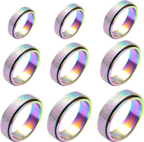9-Pack Stainless Steel Fidget Rings for Adults, Men, Women | Anxiety Relief Spinner Rings Set | Stress-Relieving EDC Gear with Ultra-Smooth Rotation | Hypoallergenic/Stackable in Saudi Arabia