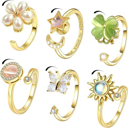 6Pcs Fidget Anxiety Rings for Women, Golden Adjustable Open Spinner Rings for Anxiety, Stress Relief Rotating Rings with Butterfly Sun Star Flower Four-Leaf Clover Designs, Fidget Jewelry for Women in Kuwait