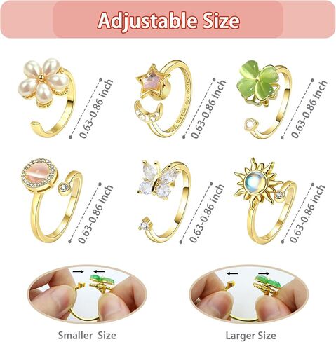 6Pcs Fidget Anxiety Rings for Women, Golden Adjustable Open Spinner Rings for Anxiety, Stress Relief Rotating Rings with Butterfly Sun Star Flower Four-Leaf Clover Designs, Fidget Jewelry for Women in Kuwait
