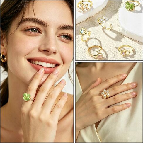 6Pcs Fidget Anxiety Rings for Women, Golden Adjustable Open Spinner Rings for Anxiety, Stress Relief Rotating Rings with Butterfly Sun Star Flower Four-Leaf Clover Designs, Fidget Jewelry for Women in Kuwait