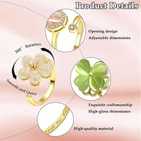 6Pcs Fidget Anxiety Rings for Women, Golden Adjustable Open Spinner Rings for Anxiety, Stress Relief Rotating Rings with Butterfly Sun Star Flower Four-Leaf Clover Designs, Fidget Jewelry for Women in Kuwait