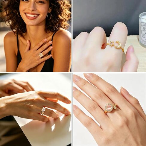 6Pcs Fidget Anxiety Rings for Women, Golden Adjustable Open Spinner Rings for Anxiety, Stress Relief Rotating Rings with Butterfly Sun Star Flower Four-Leaf Clover Designs, Fidget Jewelry for Women in Kuwait