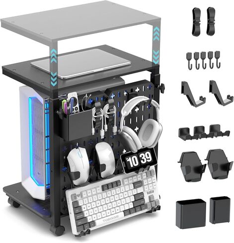 Computer Tower Stand with Pegboard Organizer, Height Adjustable 2-Tier PC Tower Shelf for Floor with Accessories, CPU Holder Cart with Locking Wheels for Most PC Gaming Home Office, 24.2-29.5" in Kuwait