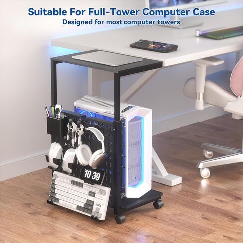Computer Tower Stand with Pegboard Organizer, Height Adjustable 2-Tier PC Tower Shelf for Floor with Accessories, CPU Holder Cart with Locking Wheels for Most PC Gaming Home Office, 24.2-29.5" in Kuwait
