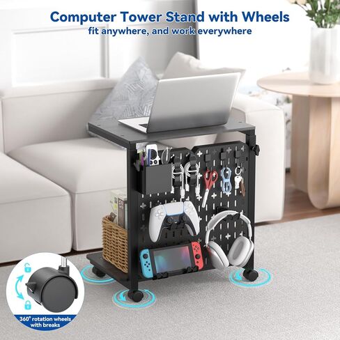 Computer Tower Stand with Pegboard Organizer, Height Adjustable 2-Tier PC Tower Shelf for Floor with Accessories, CPU Holder Cart with Locking Wheels for Most PC Gaming Home Office, 24.2-29.5" in Kuwait
