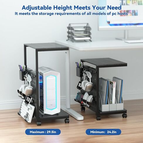 Computer Tower Stand with Pegboard Organizer, Height Adjustable 2-Tier PC Tower Shelf for Floor with Accessories, CPU Holder Cart with Locking Wheels for Most PC Gaming Home Office, 24.2-29.5" in Kuwait