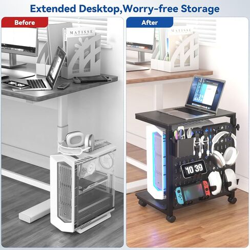 Computer Tower Stand with Pegboard Organizer, Height Adjustable 2-Tier PC Tower Shelf for Floor with Accessories, CPU Holder Cart with Locking Wheels for Most PC Gaming Home Office, 24.2-29.5" in Kuwait