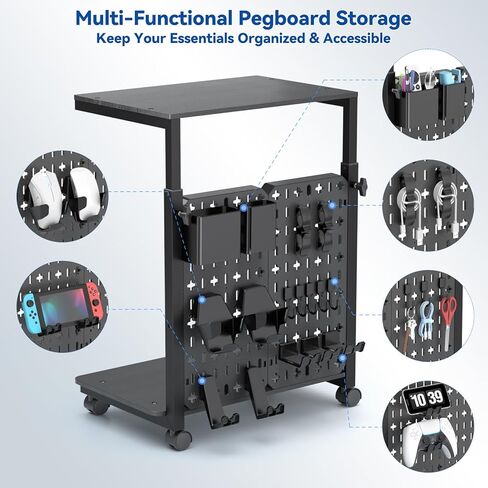 Computer Tower Stand with Pegboard Organizer, Height Adjustable 2-Tier PC Tower Shelf for Floor with Accessories, CPU Holder Cart with Locking Wheels for Most PC Gaming Home Office, 24.2-29.5" in Kuwait