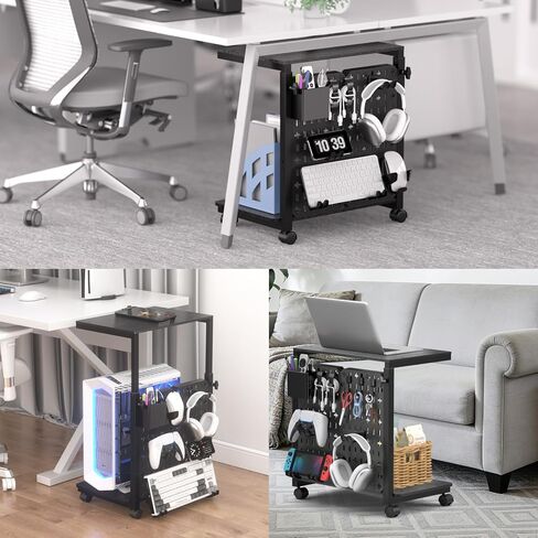 Computer Tower Stand with Pegboard Organizer, Height Adjustable 2-Tier PC Tower Shelf for Floor with Accessories, CPU Holder Cart with Locking Wheels for Most PC Gaming Home Office, 24.2-29.5" in Kuwait