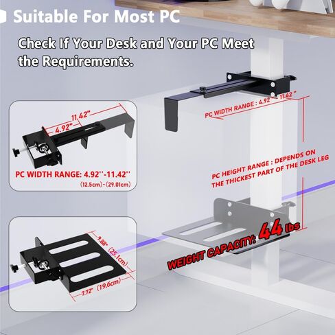 Under Desk PC Mount，No-Drill PC Holder for Standing Desk，Width Adjustable Under Desk Computer Mount with Extra Protective Arms，Holds Up to 44lbs with Anti-Slip Mat Design for Home and Office in Kuwait