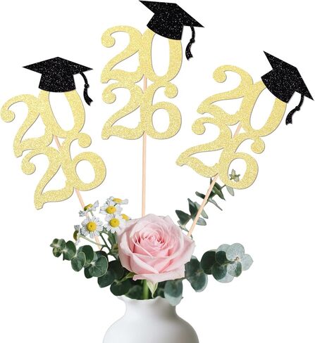 Class of 2026 Graduation Centerpieces, 10 Pcs Gold Glitter 2026 Centerpieces with Graduation Cap, Congrats Grad Party Decorations for Cake, Dessert & Centerpieces in Kuwait