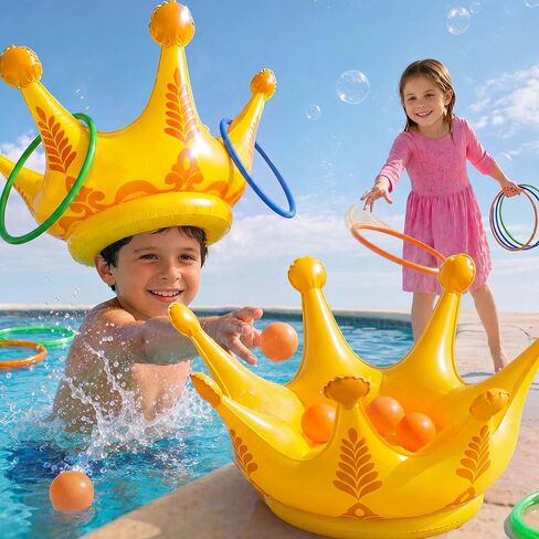 funscape 2pcs لعبة بركة التاج، طفل نفخ لعبة إرم المياه ث / 12 حلقات 5 كرات، في الهواء الطلق الشاطئ الفناء الخلفي لعبة الحديقة، الصيف تجمع حزب الديكور هدية 3 4 5 6 7 8 10 سنة للأطفال صبي فتاة الأطفال in Kuwait
