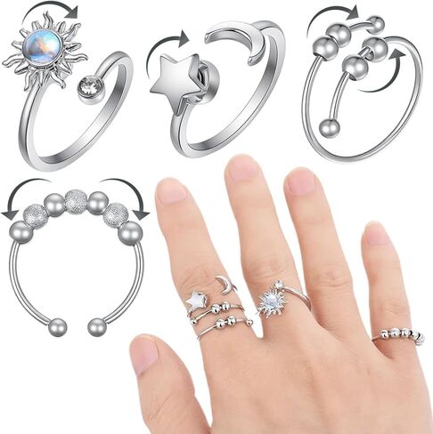 Sibba Fidget Rings for Women 4 PCS Adjustable Spin Fidget Rings for Stress Relief ADHD Anxiety & Focus Rotating Sun Moon Star Beads Silver Sensory Ring Adult Fidgets Toys for Anxiety Relief in Kuwait