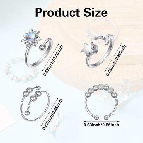 Sibba Fidget Rings for Women 4 PCS Adjustable Spin Fidget Rings for Stress Relief ADHD Anxiety & Focus Rotating Sun Moon Star Beads Silver Sensory Ring Adult Fidgets Toys for Anxiety Relief in Kuwait