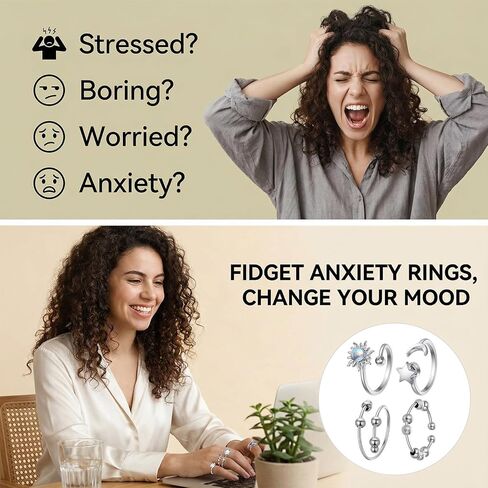 Sibba Fidget Rings for Women 4 PCS Adjustable Spin Fidget Rings for Stress Relief ADHD Anxiety & Focus Rotating Sun Moon Star Beads Silver Sensory Ring Adult Fidgets Toys for Anxiety Relief in Kuwait