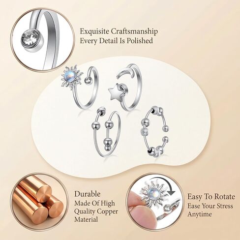 Sibba Fidget Rings for Women 4 PCS Adjustable Spin Fidget Rings for Stress Relief ADHD Anxiety & Focus Rotating Sun Moon Star Beads Silver Sensory Ring Adult Fidgets Toys for Anxiety Relief in Kuwait