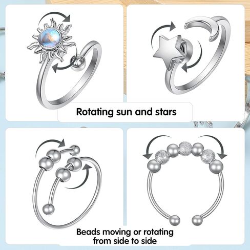 Sibba Fidget Rings for Women 4 PCS Adjustable Spin Fidget Rings for Stress Relief ADHD Anxiety & Focus Rotating Sun Moon Star Beads Silver Sensory Ring Adult Fidgets Toys for Anxiety Relief in Kuwait