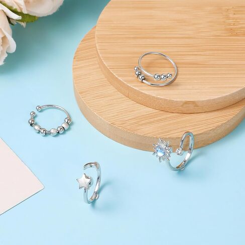 Sibba Fidget Rings for Women 4 PCS Adjustable Spin Fidget Rings for Stress Relief ADHD Anxiety & Focus Rotating Sun Moon Star Beads Silver Sensory Ring Adult Fidgets Toys for Anxiety Relief in Kuwait
