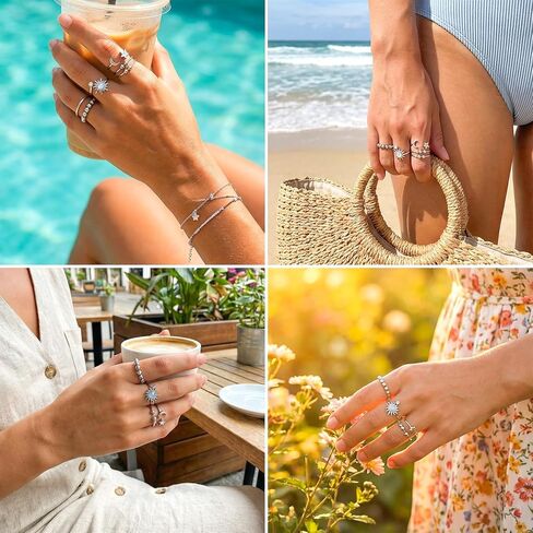 Sibba Fidget Rings for Women 4 PCS Adjustable Spin Fidget Rings for Stress Relief ADHD Anxiety & Focus Rotating Sun Moon Star Beads Silver Sensory Ring Adult Fidgets Toys for Anxiety Relief in Kuwait