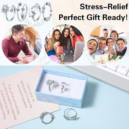 Sibba Fidget Rings for Women 4 PCS Adjustable Spin Fidget Rings for Stress Relief ADHD Anxiety & Focus Rotating Sun Moon Star Beads Silver Sensory Ring Adult Fidgets Toys for Anxiety Relief in Kuwait