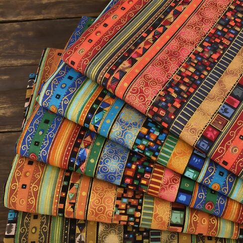 حزمة من 5 قطع صغيرة من قماش الكتان القطني العرقي بوهو، مربعات لحاف مطبوعة برقائق ذهبية، 9.84 × 9.84 بوصة، للحرف اليدوية الصغيرة، ملابس الدمى، المشروعات المصنوعة يدويًا in Kuwait