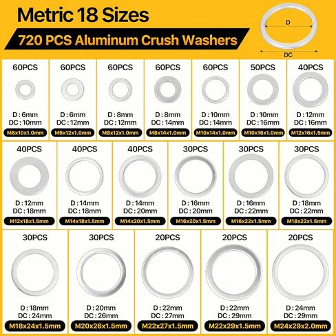 720PCS Crush Washer Oil Drain Plug,18 Sizes Aluminum Oil Drain Plug Gasket Assortment Kit, Automotive Engine Crush Washer (M6 M8 M10 M12 M14 M16 M18 M20 M22 M24) in Saudi Arabia