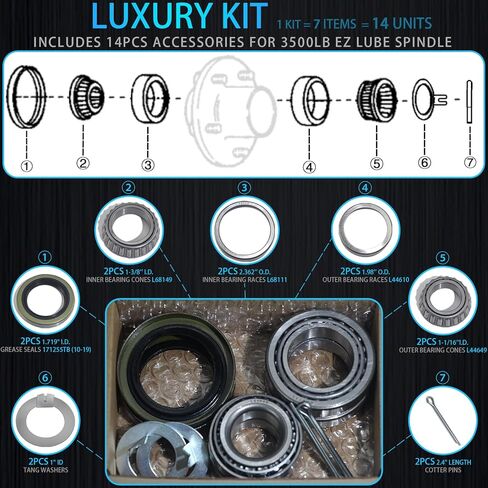 iBroPrat 2 Sets 3500 LB Boat Trailer Axle Bearing Kits, L68149 L44649 Bearing Kits, 171255TB/10-19 Grease Seals, Spindle Tang Washer and Cotter Pins for #84 D Shape Spindle in Kuwait