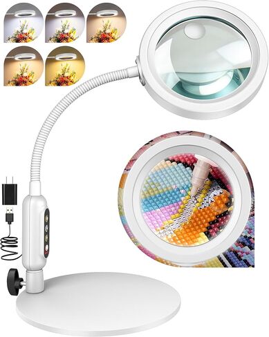 30X 10X Magnifying Glass with Light and Stand, 5 Color Modes Stepless Dimmable, Optical Grade HD Lens, LED Lighted Magnifier Hands Free with Flexible Gooseneck for Close Work, Craft, Hobby, Painting in Kuwait