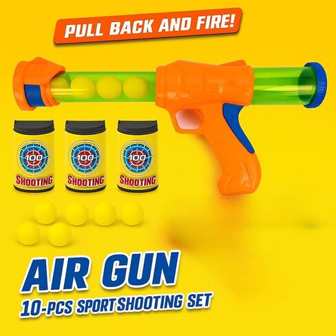 Air Gun Toy Shooting Game – 10-Piece Set with 6 Foam Balls, 3 Target Cans & Launcher – Safe Indoor & Outdoor Play, Hand-Eye Coordination Game for Kids Ages 8+ in Kuwait