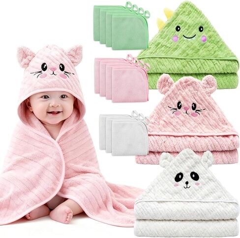 14 PCS Thicken Baby Towels Set, 3 PCS Soft Hooded Baby Towels & 11 PCS Washcloths, Baby Bath Towels for Newborns, Infants & Toddlers, Ultra Absorbent, Cute Baby Towel Gift for Girls in Saudi Arabia