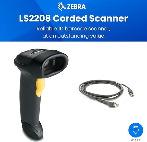 زيبرا LS2208-SR ماسح الباركود بالليزر | ماسح ضوئي سلكي محمول باليد 1D | عدة USB | كابل يو اس بي متضمن in Kuwait