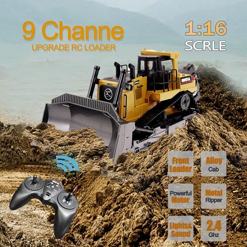 Remote Control Bulldozer RC 1/16 Full Functional Construction Vehicle, 9 Channel Dozer Front Loader Toy with Light and Sound for Kids Age 3,4,5,6 6, 7, 8, 9, 10 and Up Years Old in Kuwait